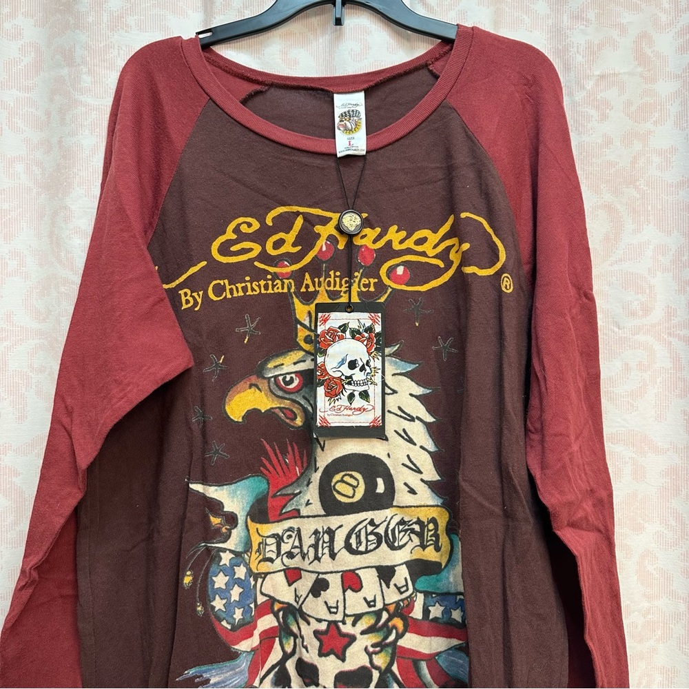 Vintage 90s BNWT Ed Hardy Danger Eagle Raglan Crewneck Long Sleeve Size Large